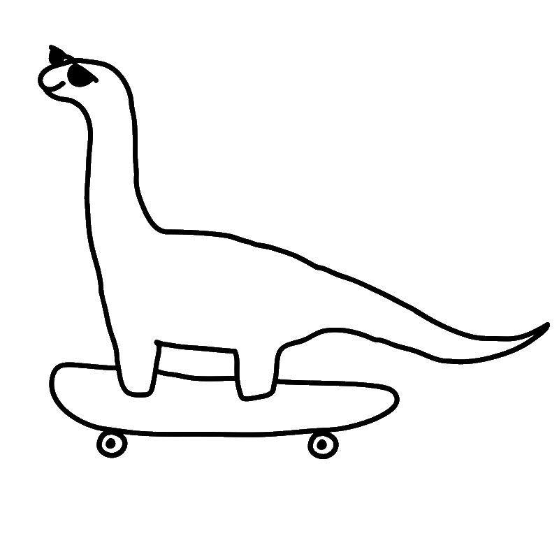 Animated cartoon dinosaur riding a skateboard across the bottom of the page